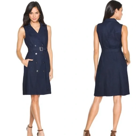 White House Black Market Denim Double Breasted Trench Mini Dress women’s CS - Picture 2 of 8